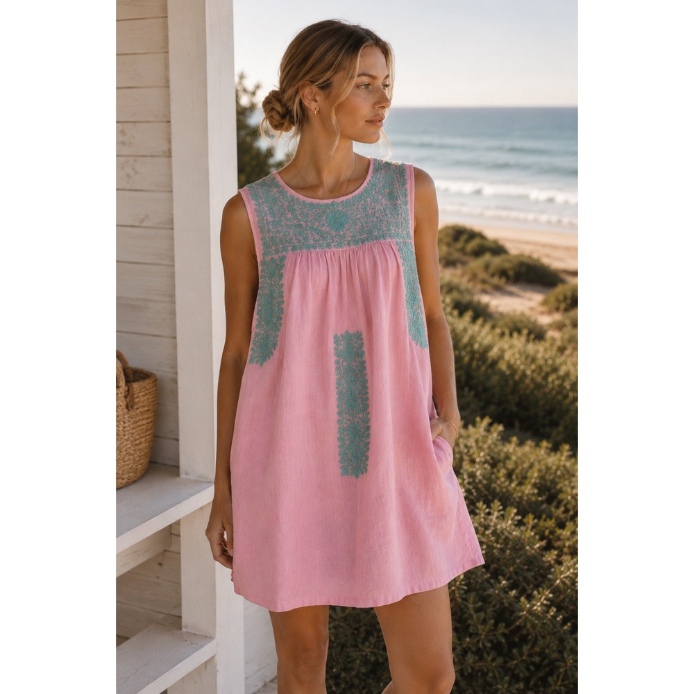 J. Marie‎ Rae Dress Womens Medium Pink Teal Embroidered Sleeveless Linen Blend